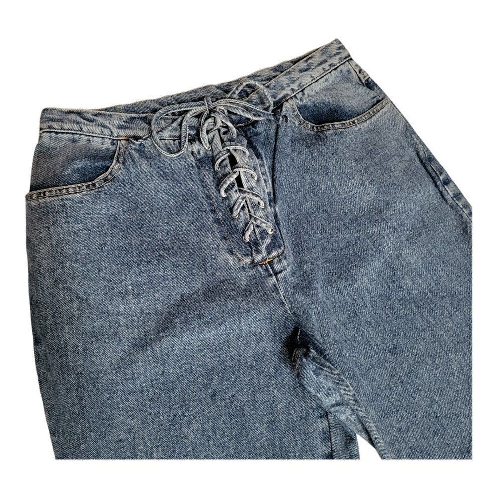 𝅺NEWPORT News Jeanology High Rise Mom Jeans Blue Denim Tie Closure Size 14 - Picture 3 of 9